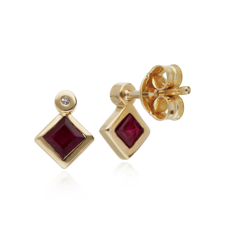 Orecchini quadrati con Rubini e diamanti in oro giallo da 9 ct 