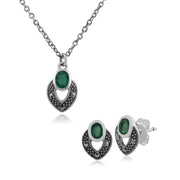Collana e orecchini in stile Art Deco Argento 925 ovale, smeraldo e marcasite