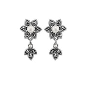 Collana e orecchini con pendente floreale in argento 925, perla rotonda e marcasite