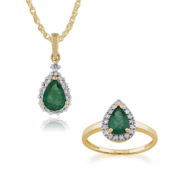 Anello e pendente classici con pera e diamanti in oro giallo 375 con smeraldo