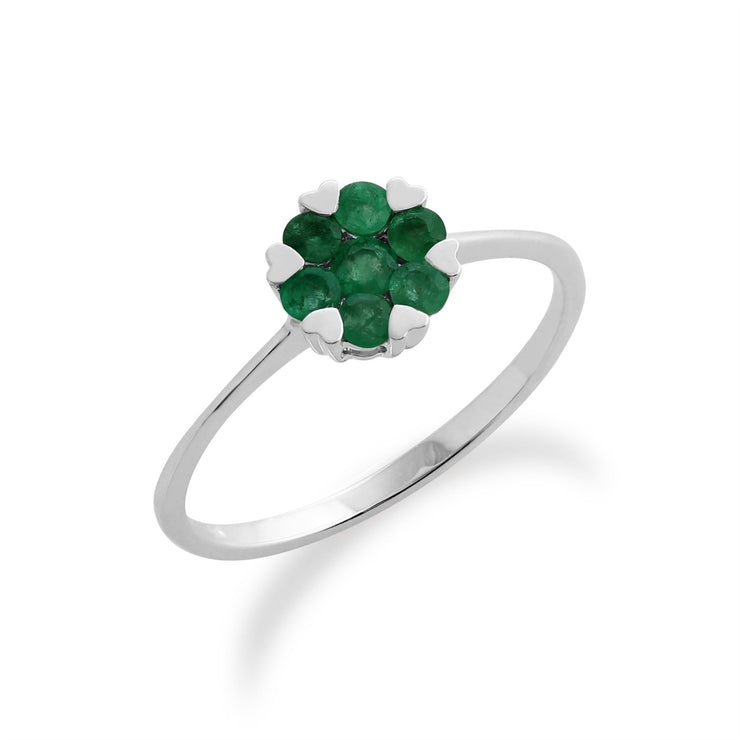 Anello Gemondo con smeraldo, anello a grappolo floreale con smeraldo da 0,38 ct in oro bianco da 9 ct