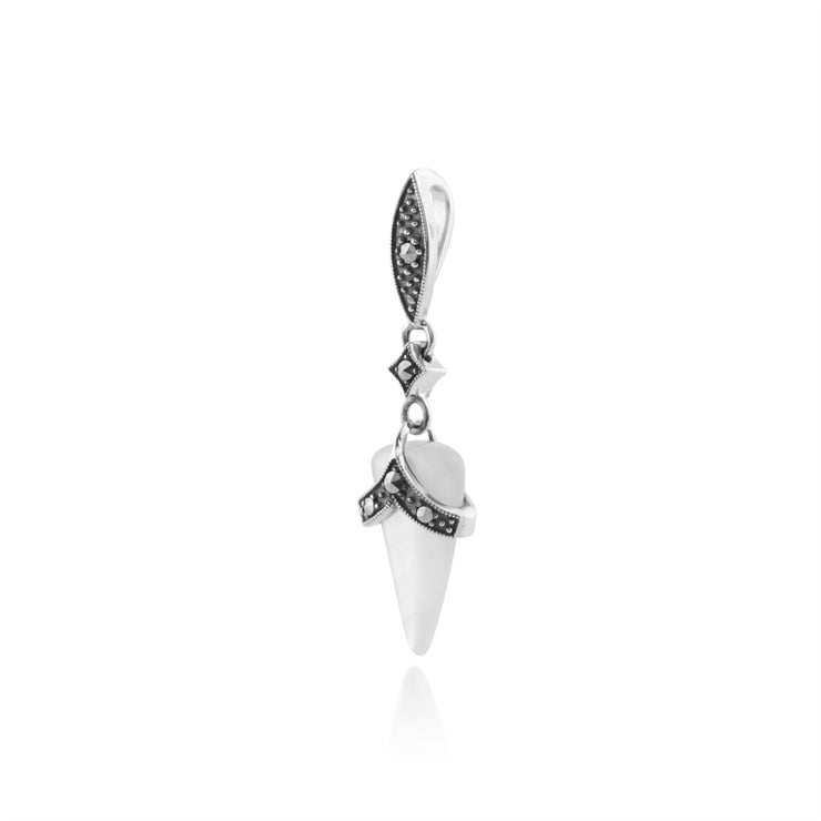 Orecchini pendenti e pendenti in stile Art Déco in argento 925 con cabochon in madreperla e marcasite
