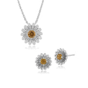 Orecchini a bottone e ciondolo margherita in stile floreale in argento 925 con citrino rotondo