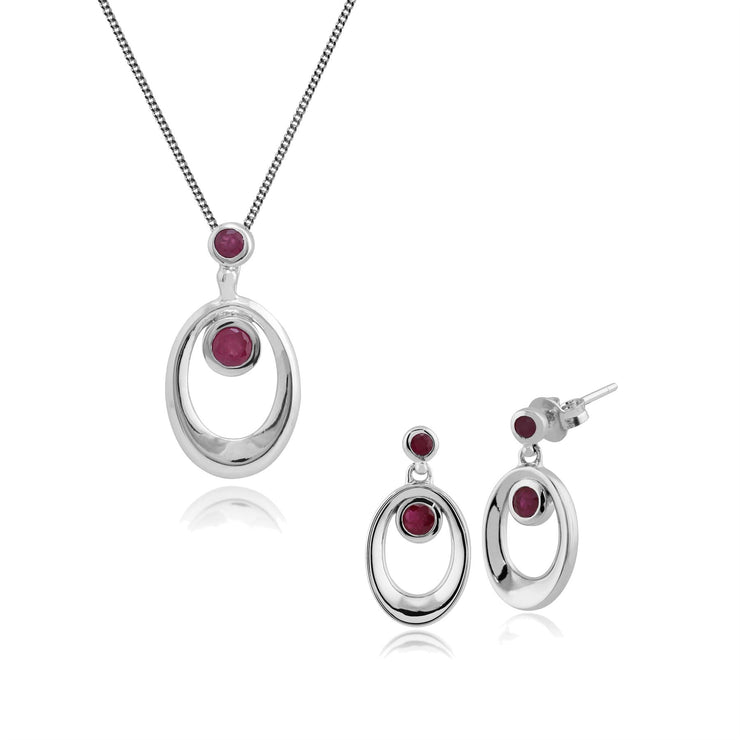 Classico pendente a forma di aureola ovale con rubino in argento 925 e orecchini pendenti con montatura a castone