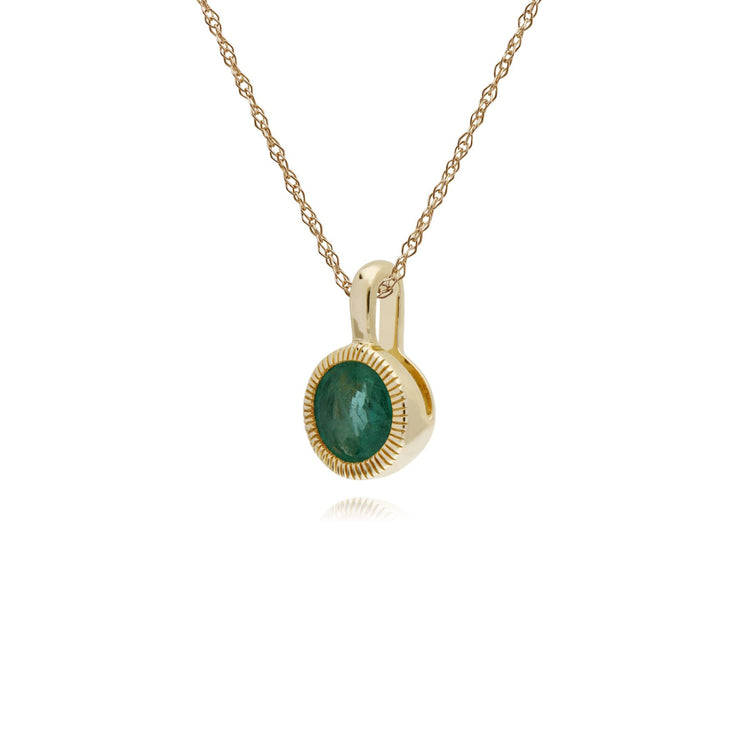 Collana di smeraldi, pendente Milgrain rotondo singolo in pietra di smeraldo in oro giallo da 9 ct su catena da 45 cm