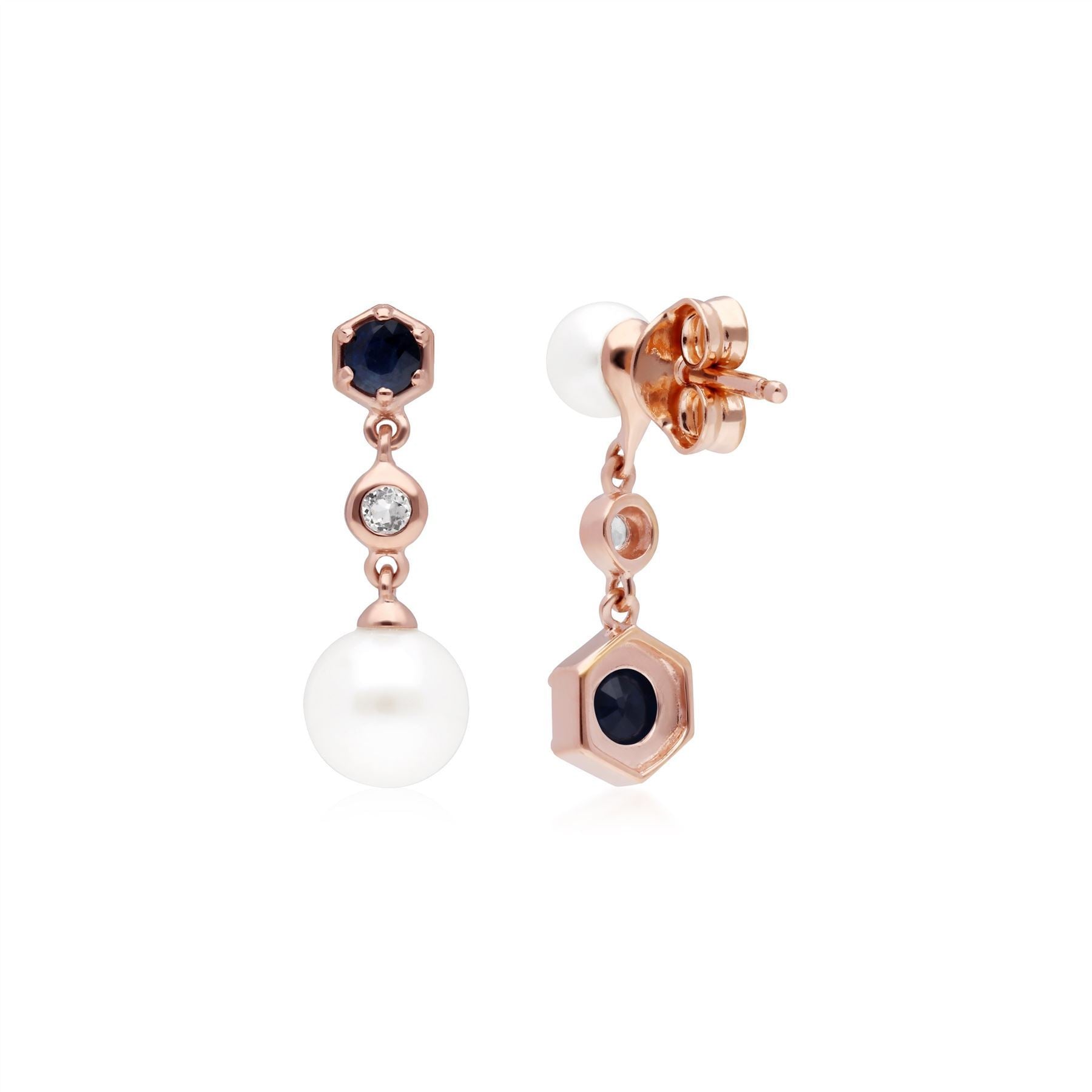 Modern Pearl, Sapphire & Topaz Mismatched Drop Earrings in Rose Gold Plated Sterling Silver Back