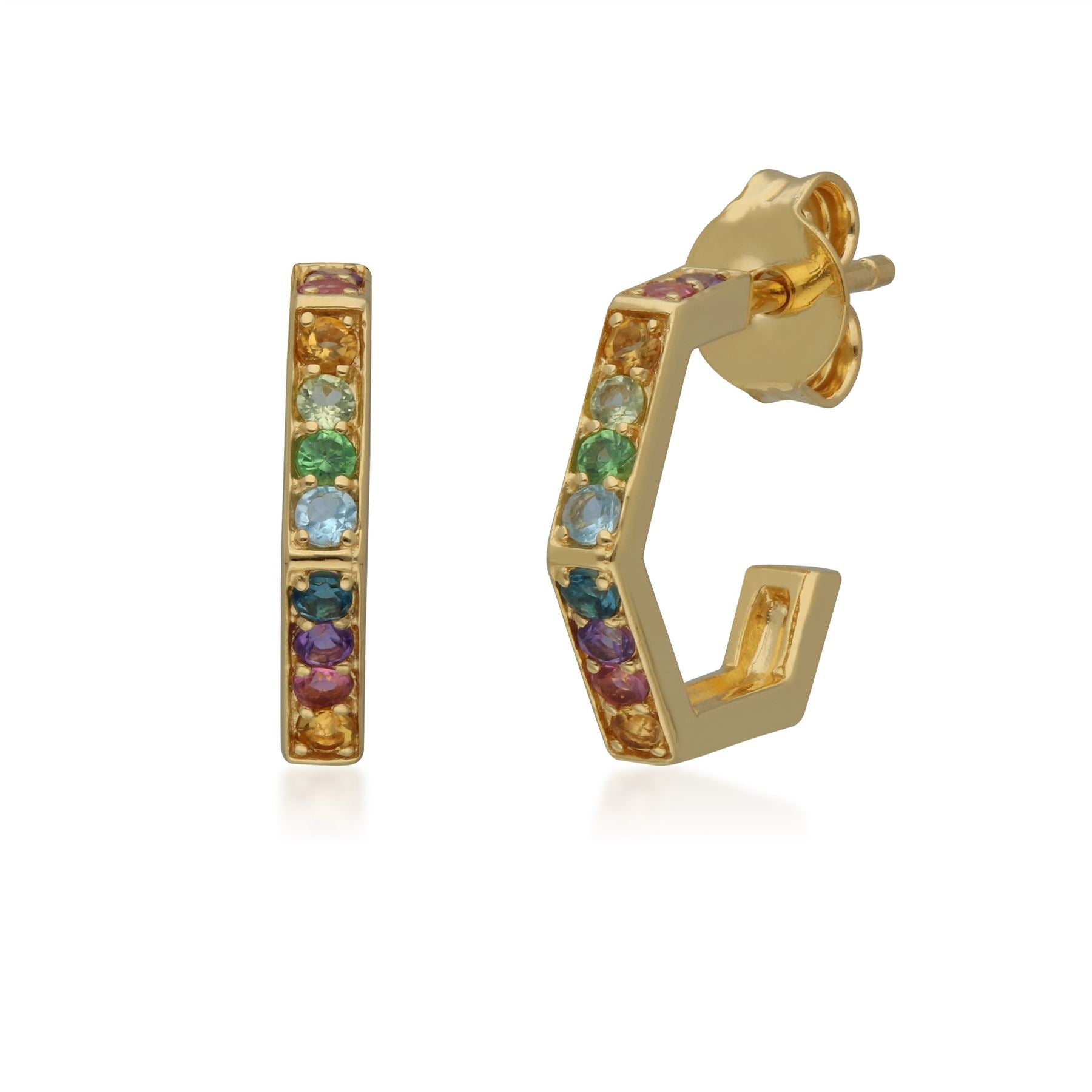 Rainbow Hexagon Hoop Earrings in Gold Plated Sterling Silver