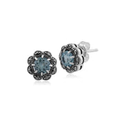 Orecchini a bottone e anello floreali in argento 925 rotondi con topazio azzurro e marcasite