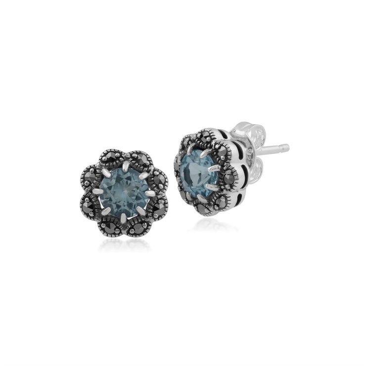 Orecchini a bottone e anello floreali in argento 925 rotondi con topazio azzurro e marcasite