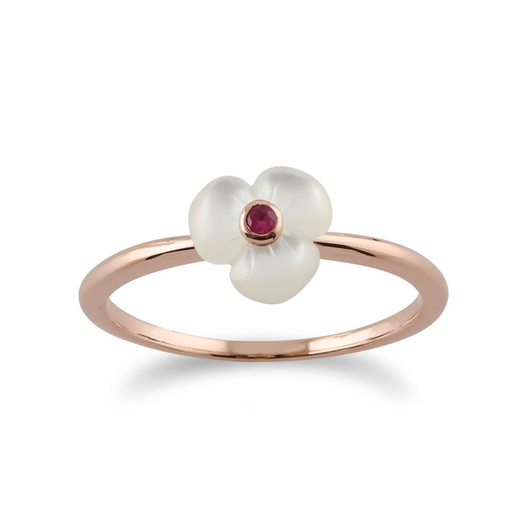 Gemondo Anello in madreperla Rosa, anello floreale in madreperla placcato in argento e rubino - Madreperla