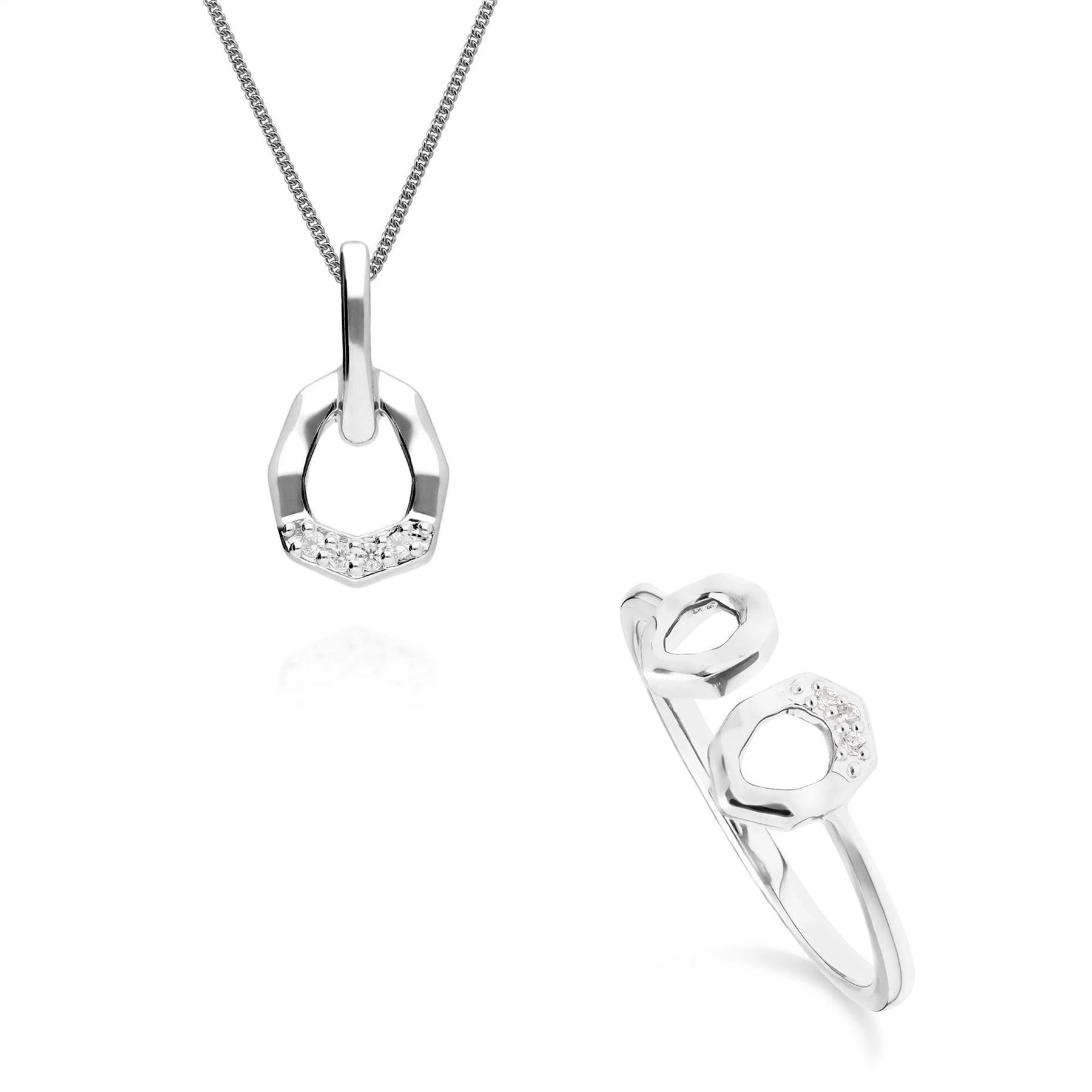 Diamond Pave Asymmetrical Pendant & Ring Set in 9ct White Gold