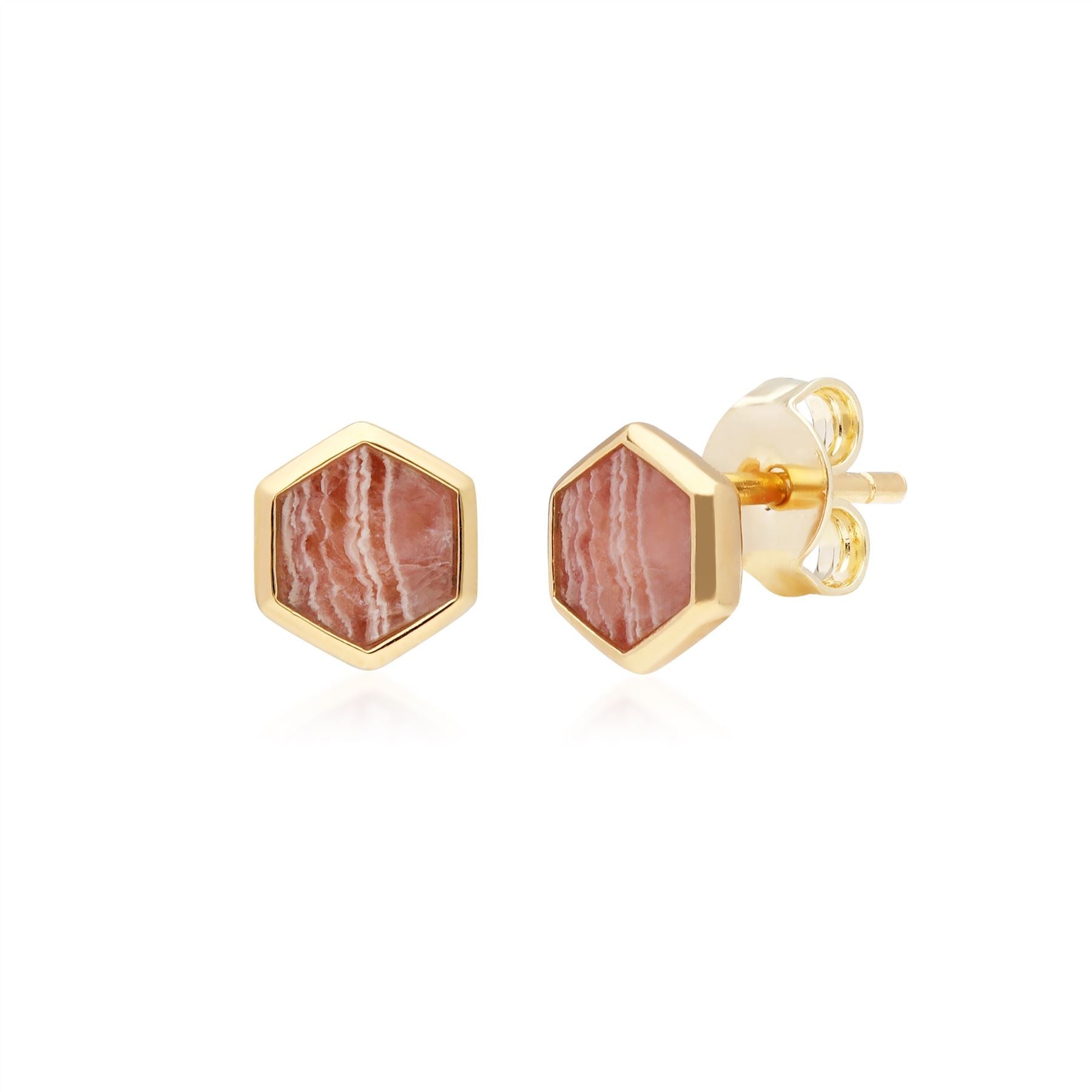 Gemondo Micro Statement Rhodochrosite Hexagon Stud Earrings in Gold Plated Sterling Silver
