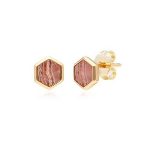 Gemondo Micro Statement Rhodochrosite Hexagon Stud Earrings in Gold Plated Sterling Silver