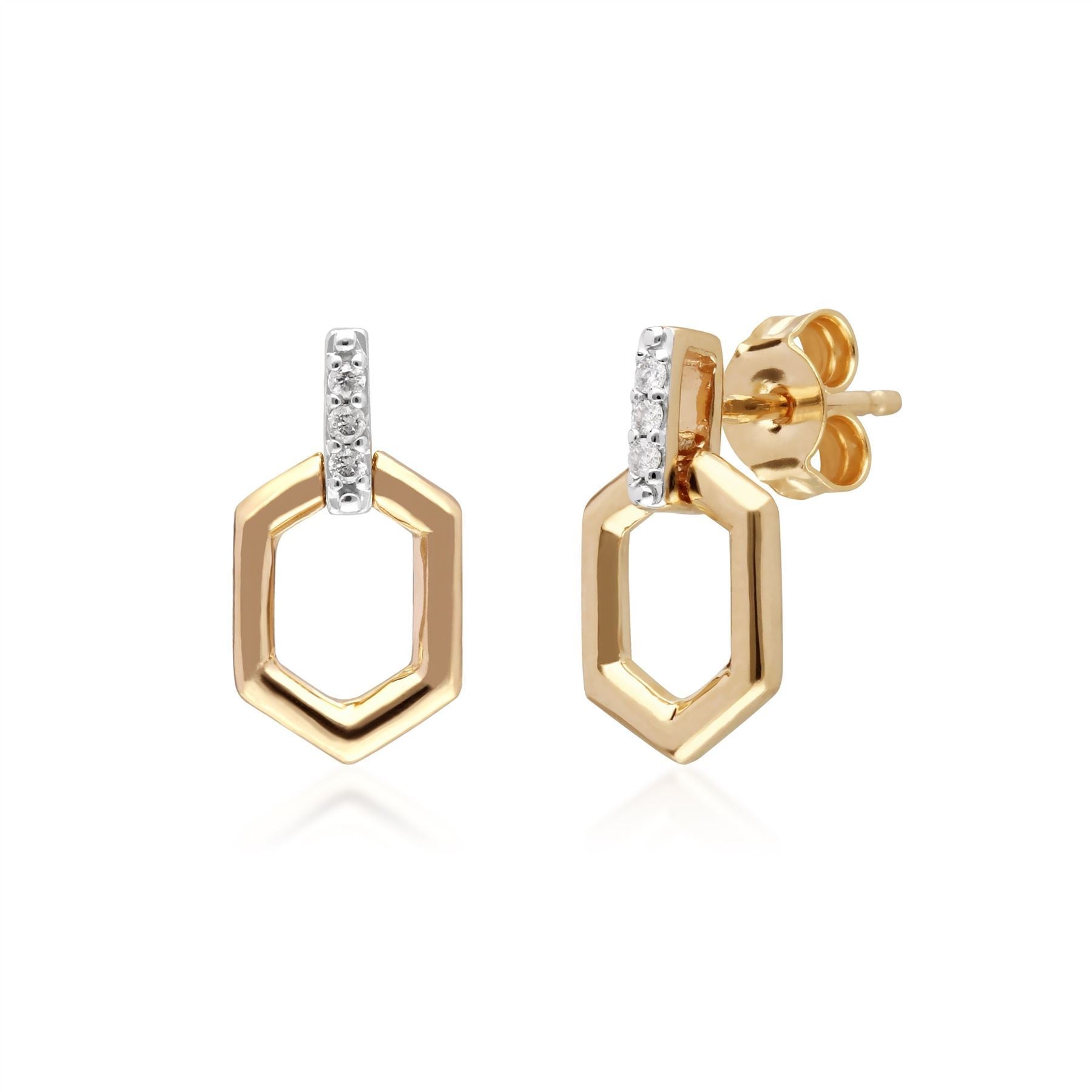 Diamond Pave Hex Bar Drop Earrings in Yellow Gold