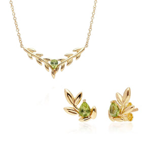 O Leaf Peridot Necklace & Stud Earring Set in 9ct Yellow Gold