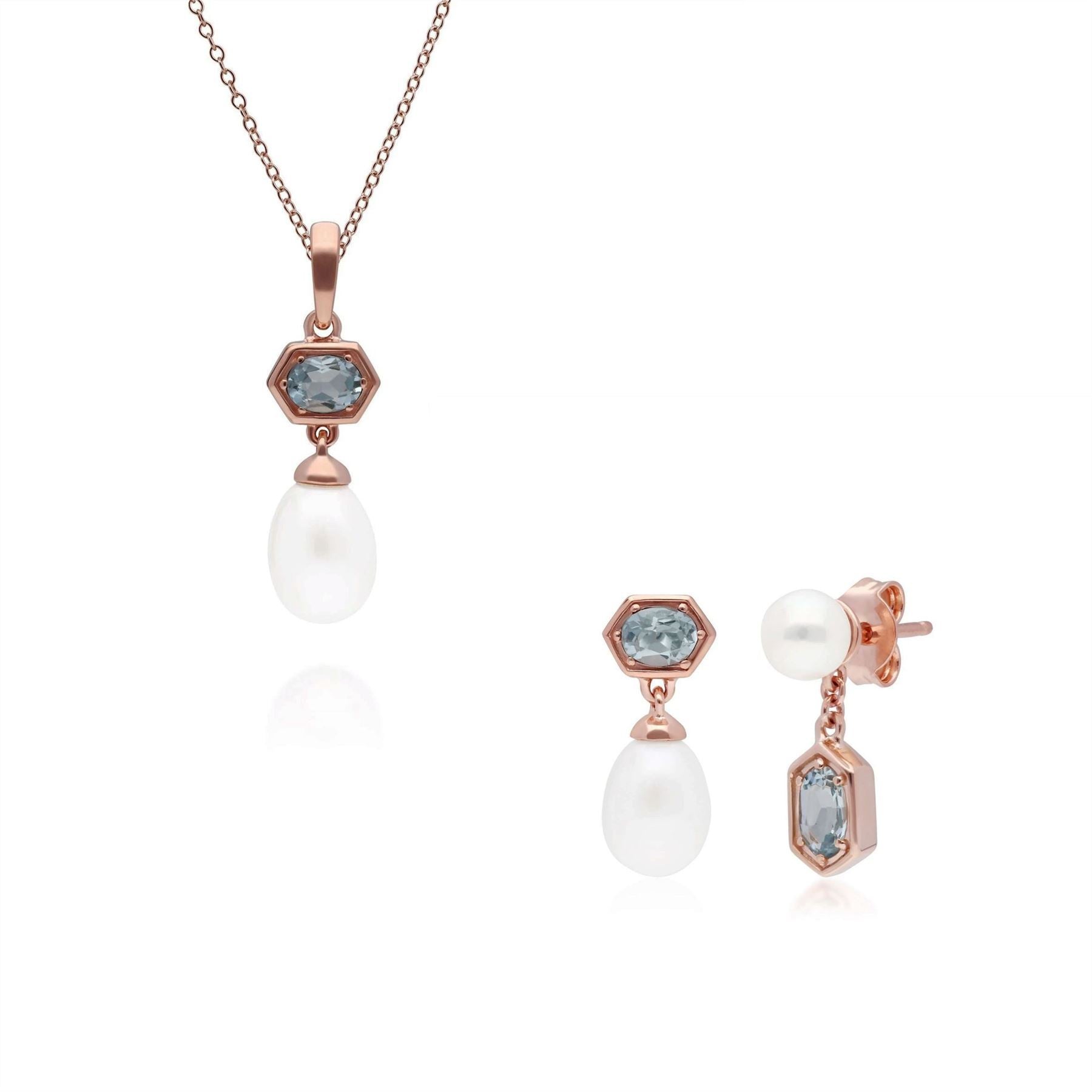 Modern Pearl & Aquamarine Pendant & Earring Set in Rose Gold Plated Sterling Silver