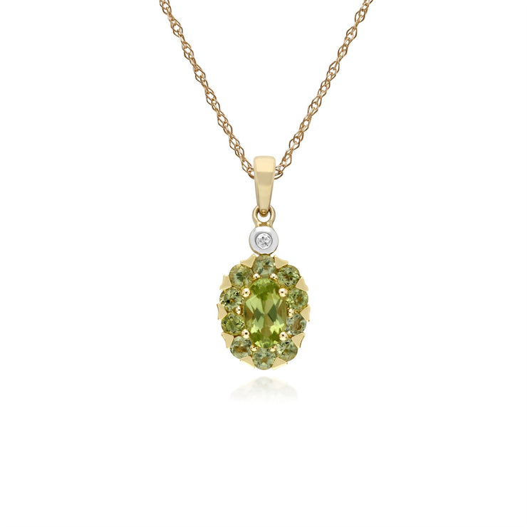 Pendente con peridoto rotondo e diamanti su montatura ovale in oro giallo da 9 ct su catena da 45 cm