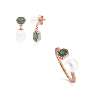 Modern Pearl & Emerald Earring & Ring Set in Rose Gold Plated Sterling Silver