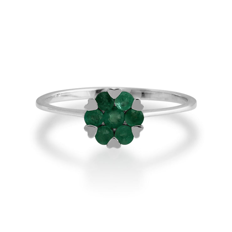 Anello Gemondo con smeraldo, anello a grappolo floreale con smeraldo da 0,38 ct in oro bianco da 9 ct