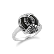 Anello Art Déco Gemondo, anello Art Déco in argento sterling 925 con onice nero e marcasite