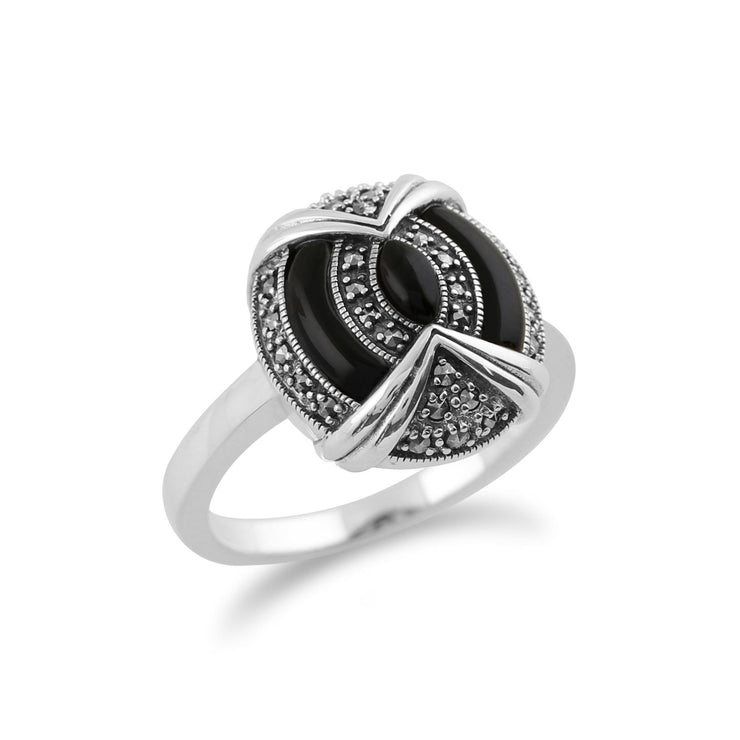 Anello Art Déco Gemondo, anello Art Déco in argento sterling 925 con onice nero e marcasite