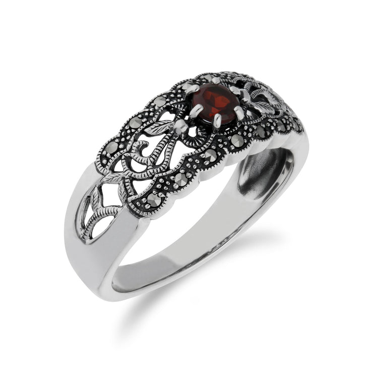 Anello Gemondo granato e marcasite  in argento sterling semplice in stile Art Nouveau 