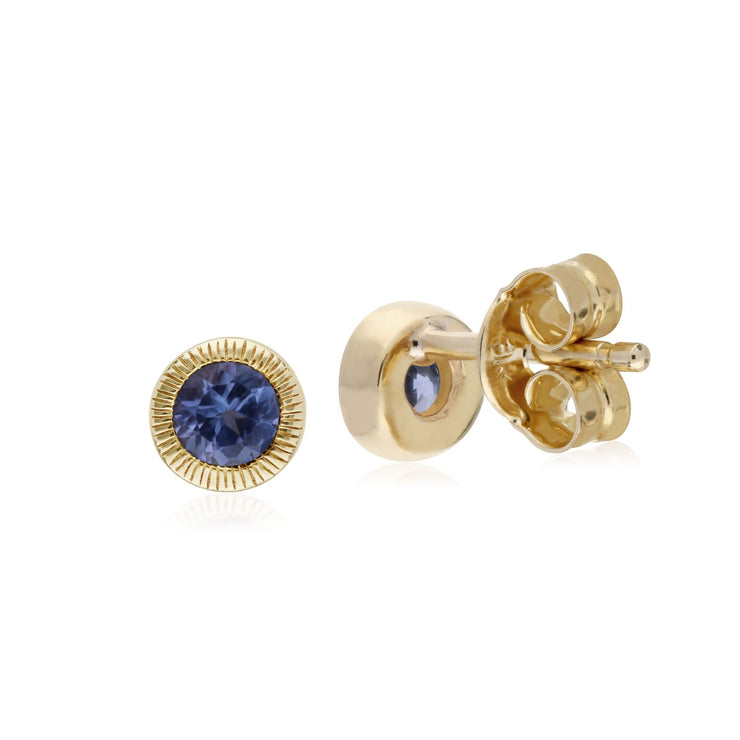 Orecchini di tanzanite, orecchini Milgrain rotondi con pietra singola di tanzanite in oro giallo da 9 ct