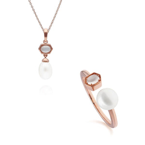 Modern Pearl & Moonstone Pendant & Ring Set in Rose Gold Plated Sterling Silver