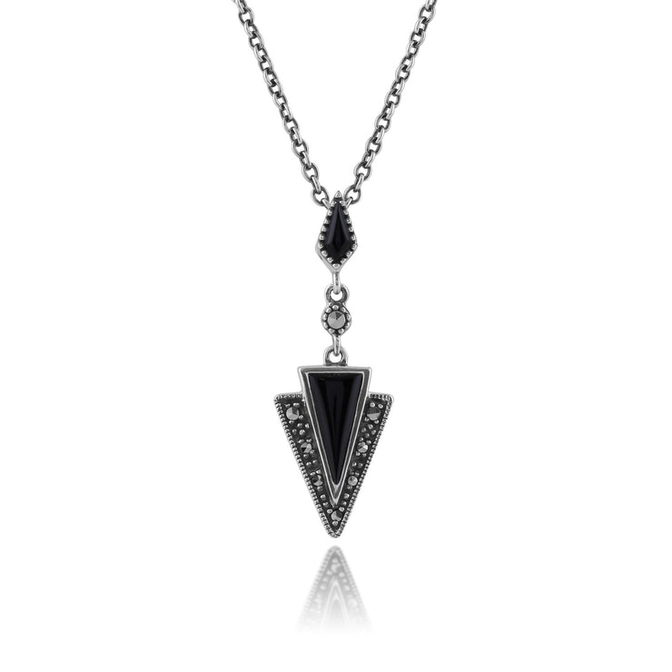 Ciondolo in stile Art Déco in argento 925 con onice nero e marcasite