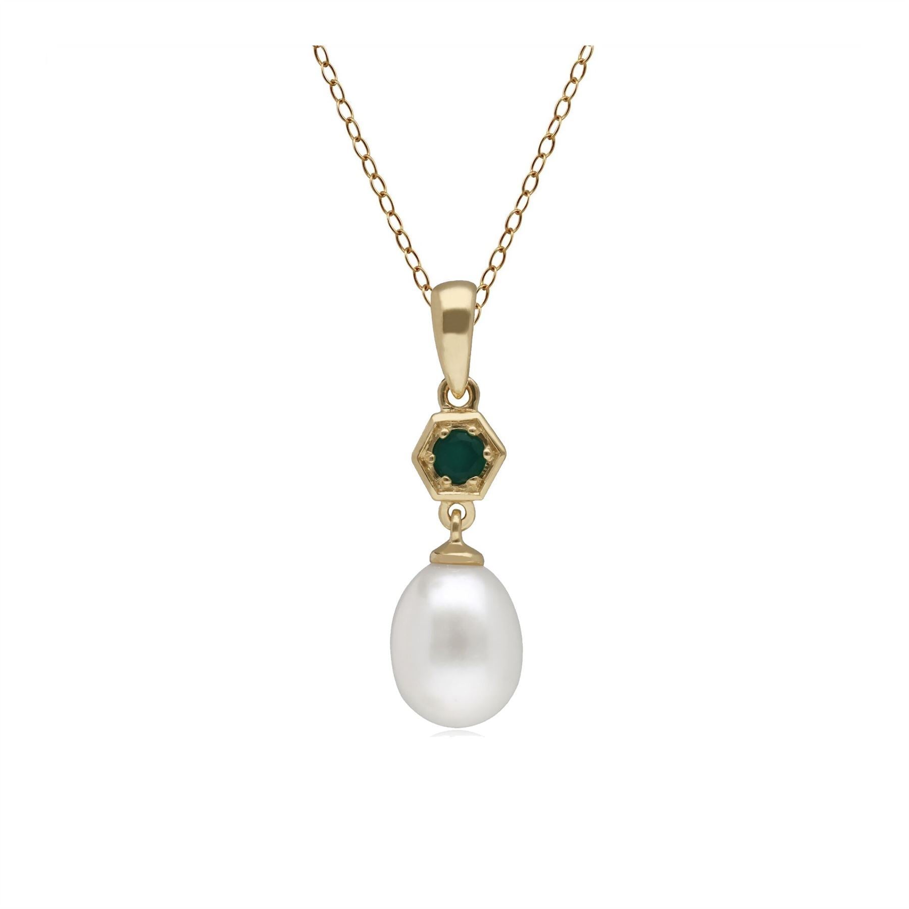 Modern Pearl & Dyed Green Chalcedony Drop Pendant in 9ct Yellow Gold