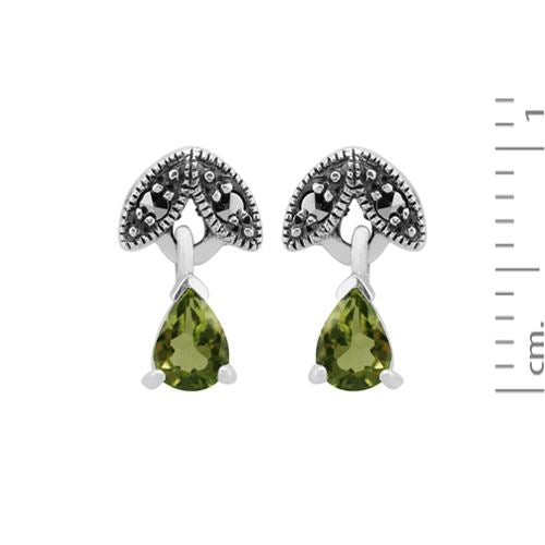 Collana e orecchini a foglia in stile Art Déco Argento 925 Peridoto Pera e Marcasite