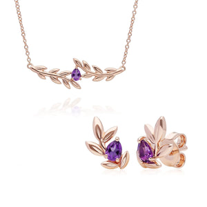 O Leaf Amethyst Necklace & Stud Earring Set in 9ct Rose Gold