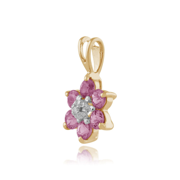 Ciondolo e orecchini floreali in oro giallo 375 con zaffiro rosa e diamanti