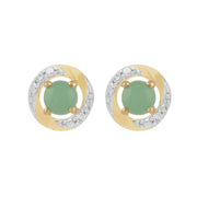 Orecchini a bottone classici in giada, oro giallo 375 e rivestimento per orecchie con alone di diamanti