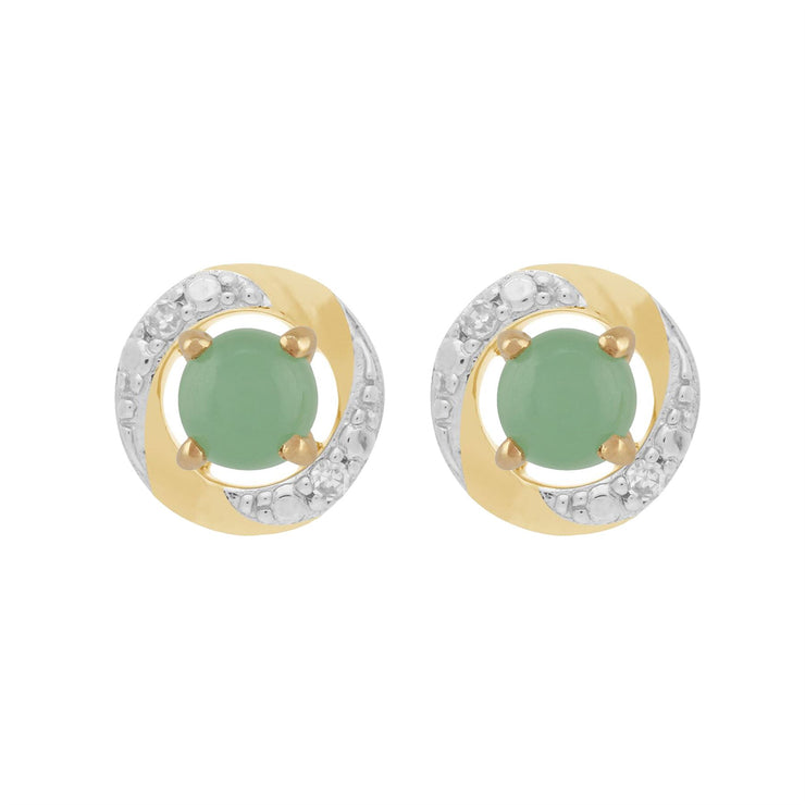 Orecchini a bottone classici in giada, oro giallo 375 e rivestimento per orecchie con alone di diamanti
