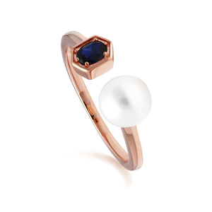 Modern Pearl & Sapphire Open Ring in Rose Gold Sterling Silver