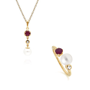 Modern Pearl, Topaz & Ruby Pendants & Ring Set in Gold Plated Sterling Silver