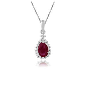 Classic Pear Ruby & Diamond Cluster Pendant in 9ct White Gold