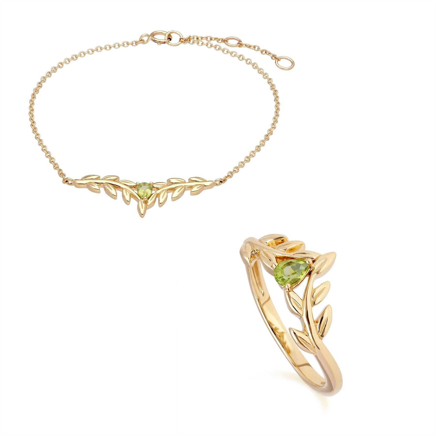 Anello e bracciale O Leaf con peridoto in oro giallo 375