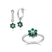 Orecchini pendenti e anello floreali in oro bianco 375 con smeraldi e diamanti