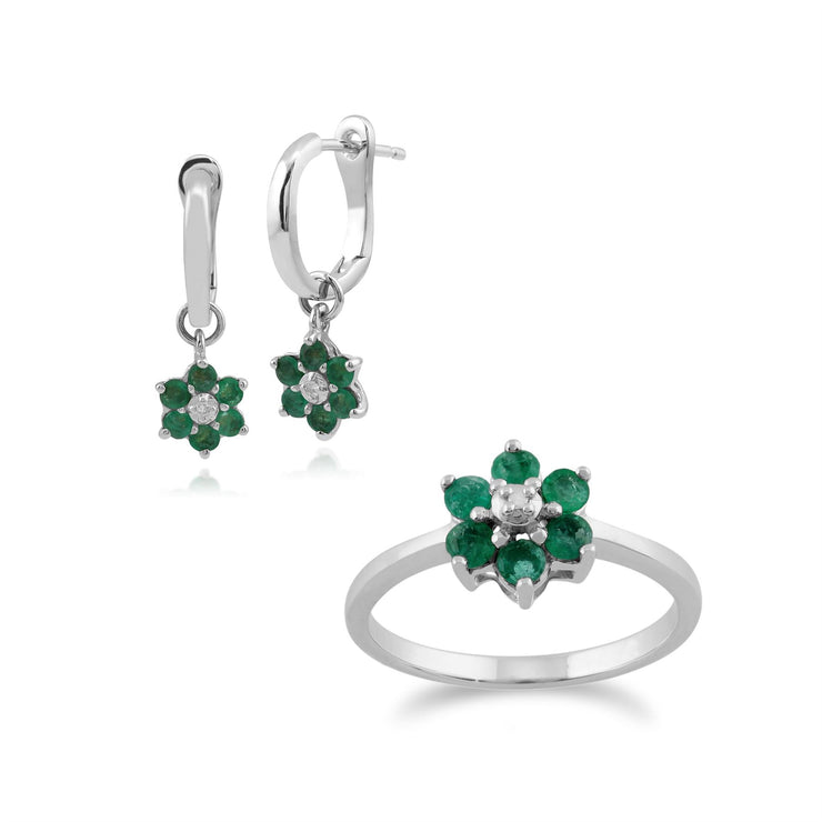 Orecchini pendenti e anello floreali in oro bianco 375 con smeraldi e diamanti