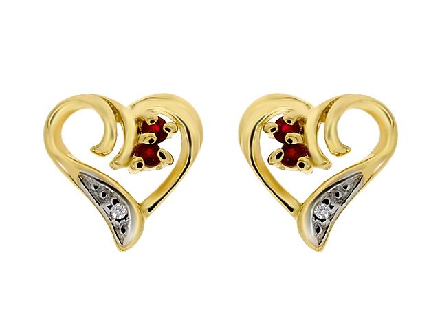 Orecchini a lobo a forma di cuore con rubini e diamanti in oro giallo da 9 ct