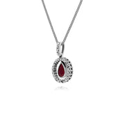 Collana in argento sterling con gocce d'acqua, rubini e marcasite rotonda da 45 cm