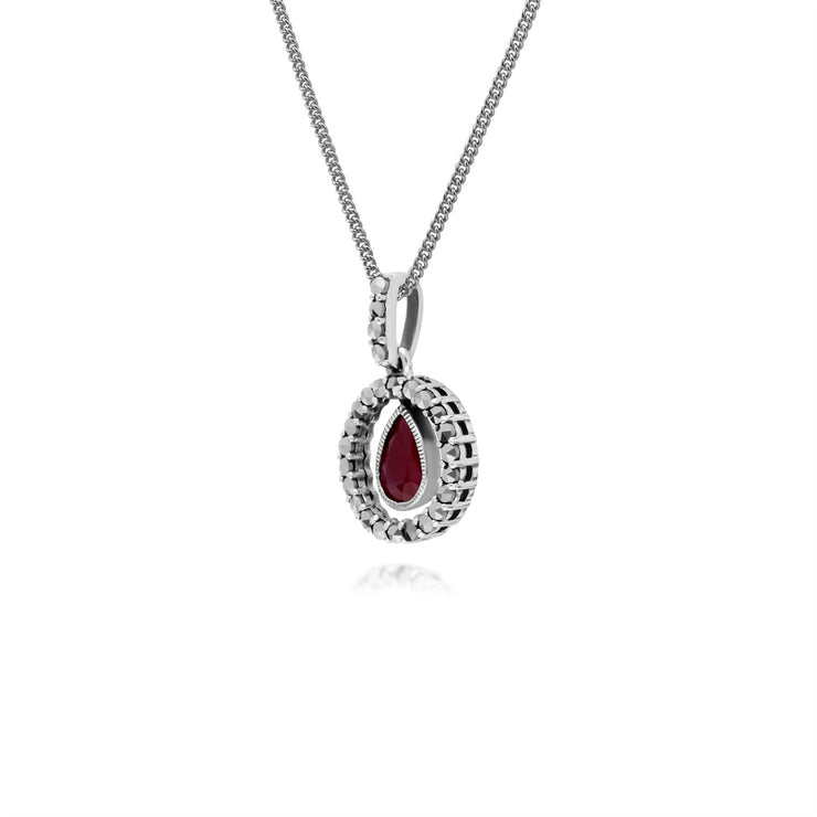 Collana in argento sterling con gocce d'acqua, rubini e marcasite rotonda da 45 cm
