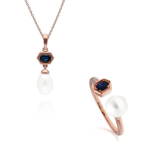 Modern Pearl & Sapphire Ring & Pendant Set in Rose Gold Plated Sterling Silver