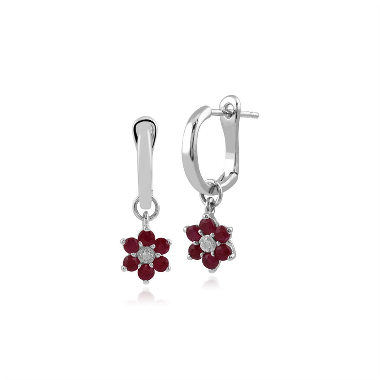 Orecchini pendenti e anello floreale in oro bianco 375, rubini e diamanti