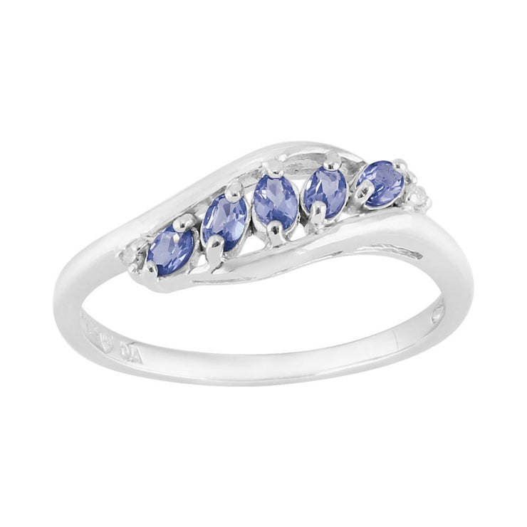 Anello in argento sterling con cinque pietre di tanzanite naturale da 0,36 ct e diamanti contemporanei