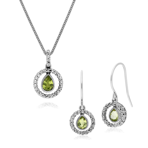 Orecchini pendenti e pendenti classici in argento 925 con peridoto e marcasite