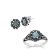 Orecchini a bottone e anello floreali in argento 925 rotondi con topazio azzurro e marcasite