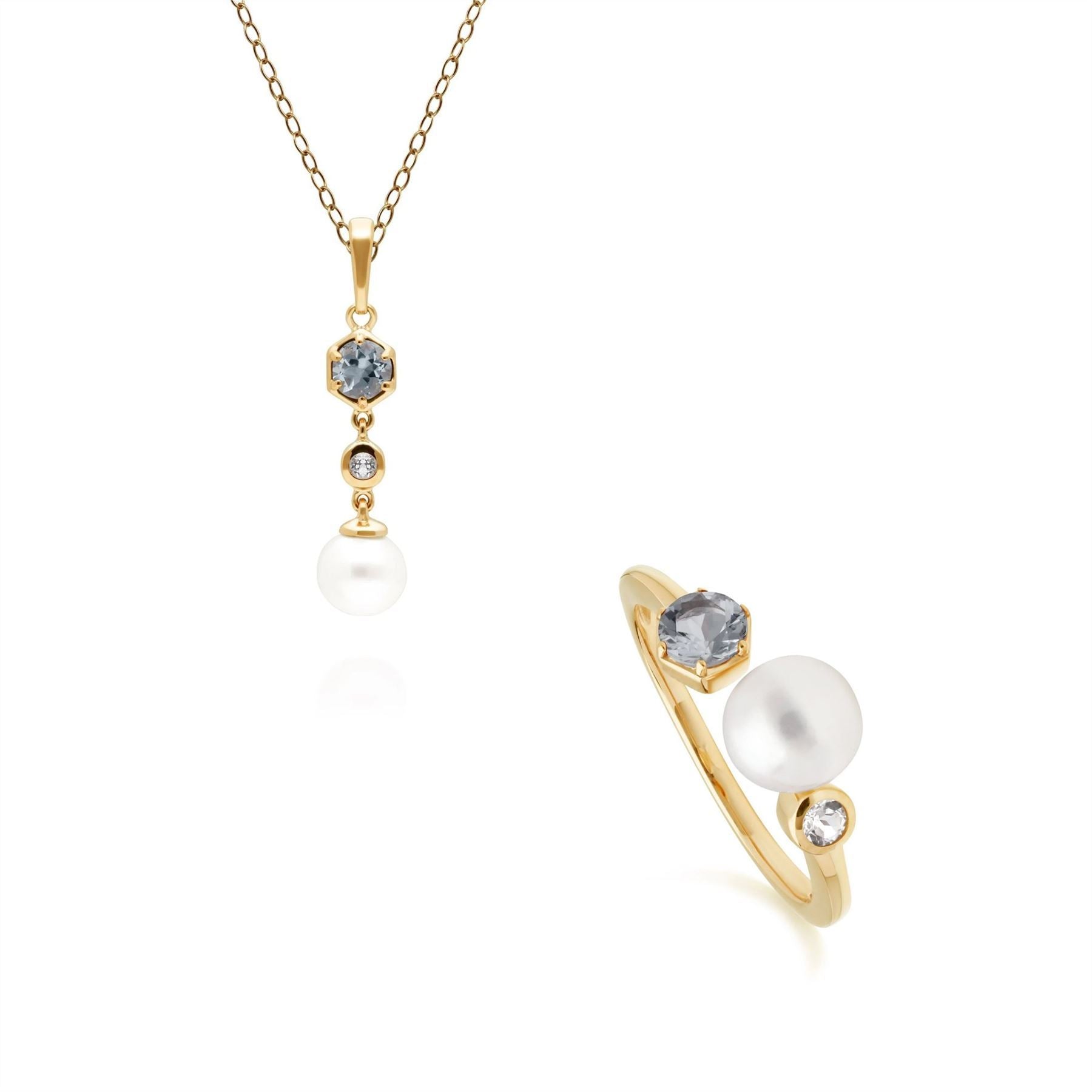 Modern Pearl, Topaz & Aquamarine Ring & Pendant Set in Gold Plated Sterling Silver